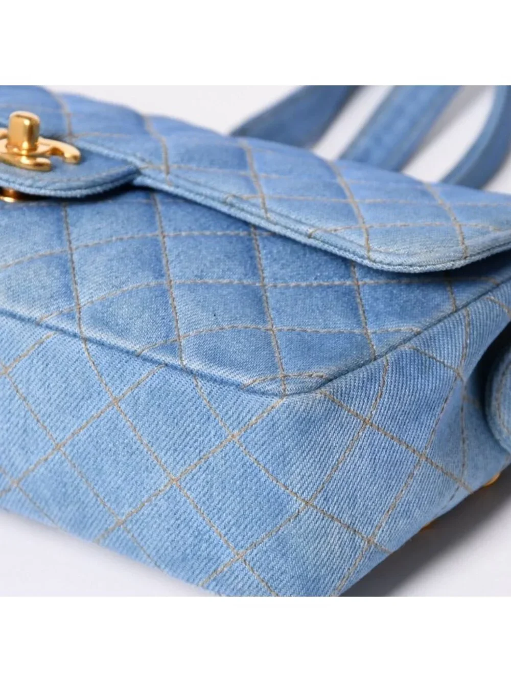 Chanel Quilted Denim Backpack Turnlock Indigo Blue Gold